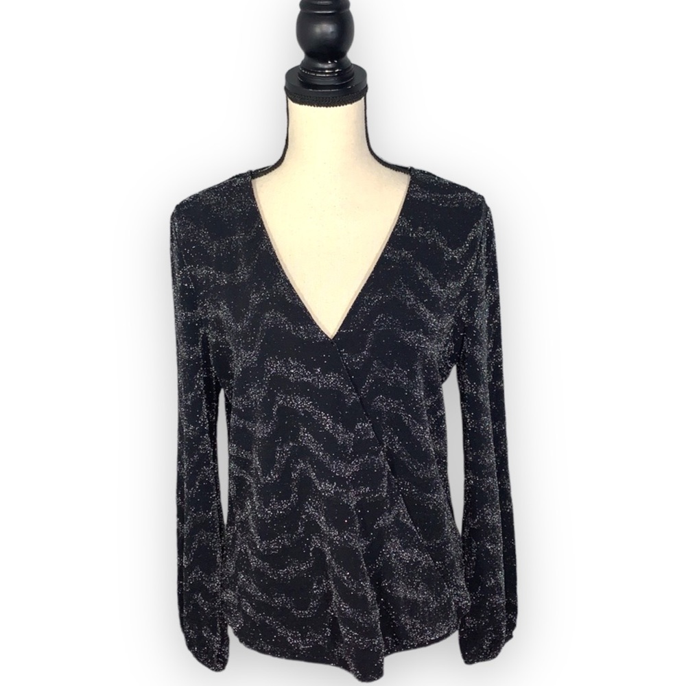 INC International Concepts Black Silver Metallic V Neck Tunic Top Shimmer Medium